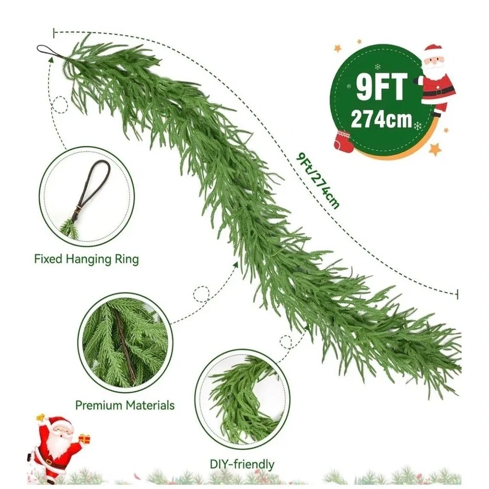 9FT Real Touch Norfolk Pine Artificial Christmas Garland with Hanging‎ Ring